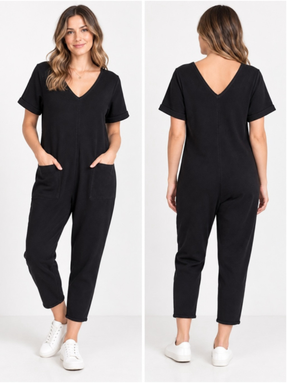 Smash & Tess Black V-Neck Short Sleeve Jumpsuit Size S Loungewear Travel